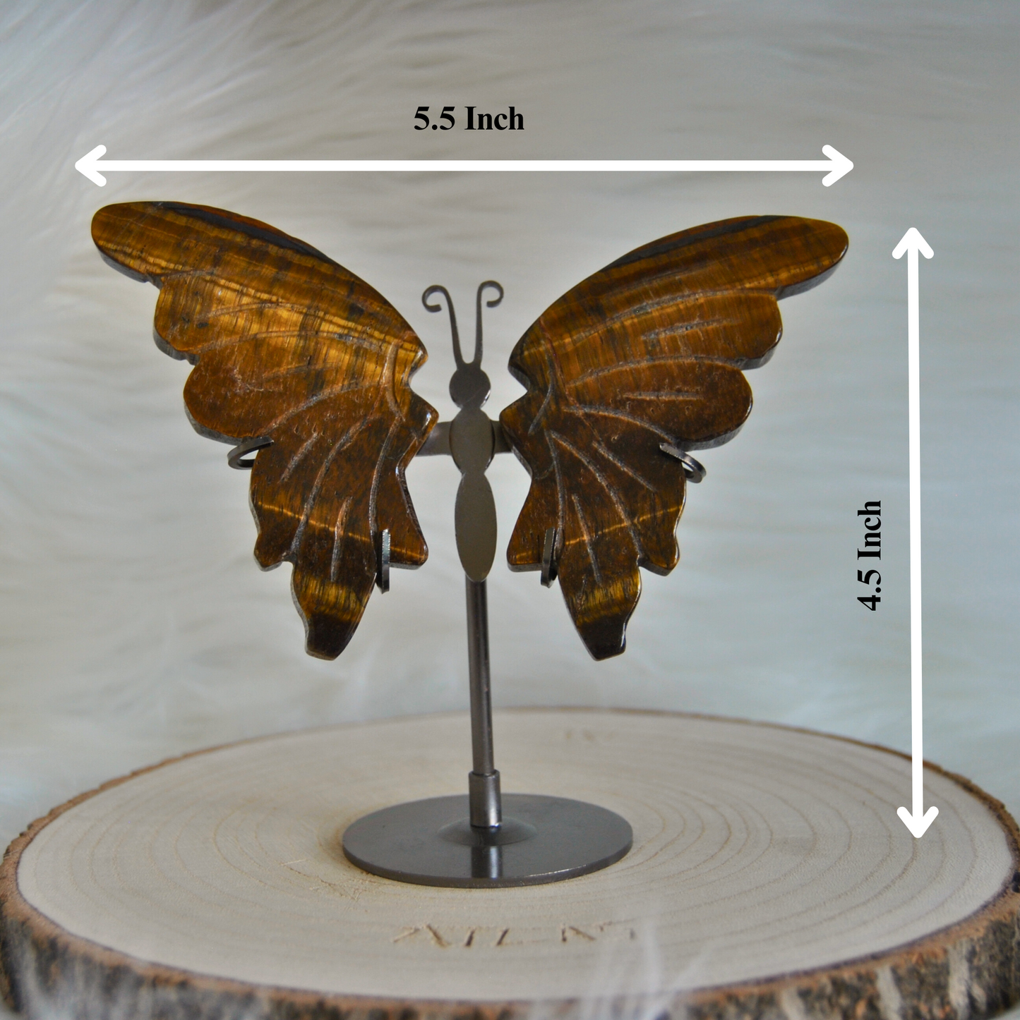 Tiger Eye Butterfly Dimension Height is approx 4.5 and width is 5.5 inch with metal stand