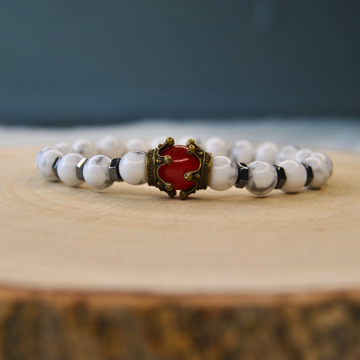 Howlite Bracelet with Crown Charm & Red Gemstone – Elegant Healing Jewelry