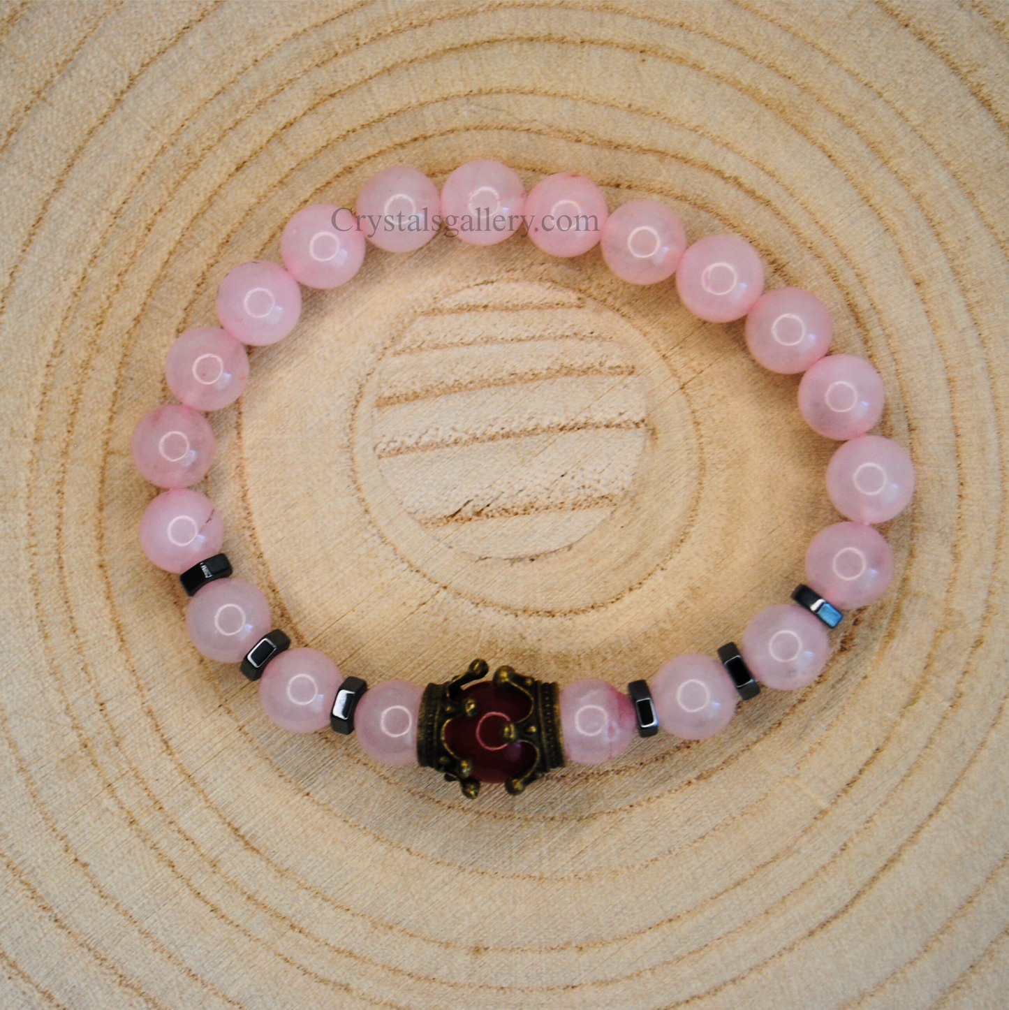 Rose Quartz Crown Bracelet with Red Gemstone Accents – Love, Confidence & Royal Energy