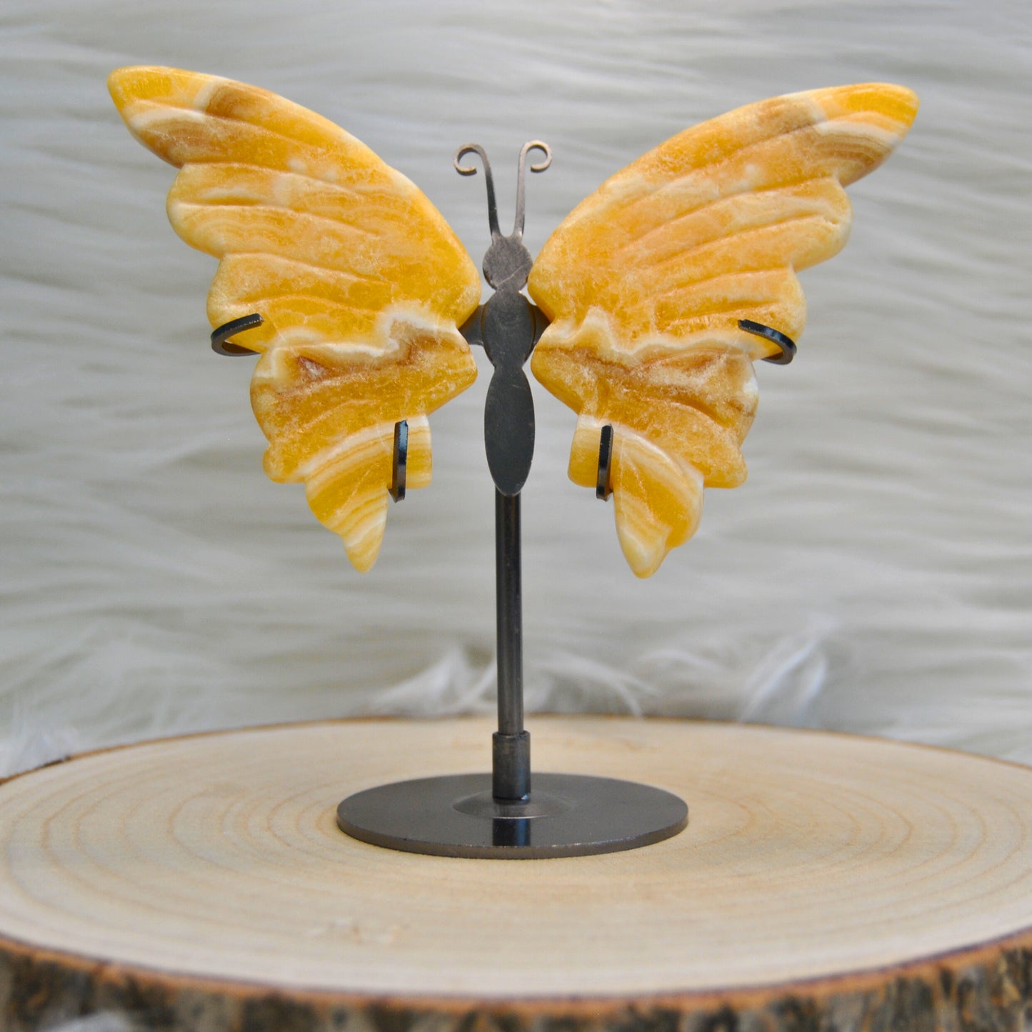 Honey Calcite Butterfly Wings Set with stand Home Decor